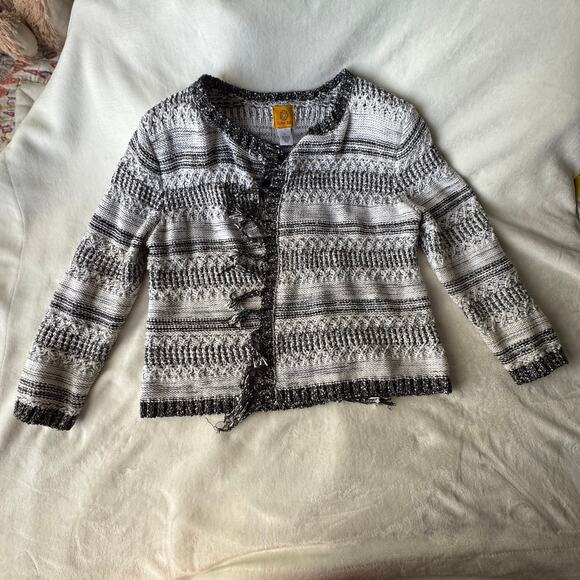 Ruby Rd Black, White and Metallic Open Cardigan Sweater Blazer Fringe Trim Large - Picture 10 of 10